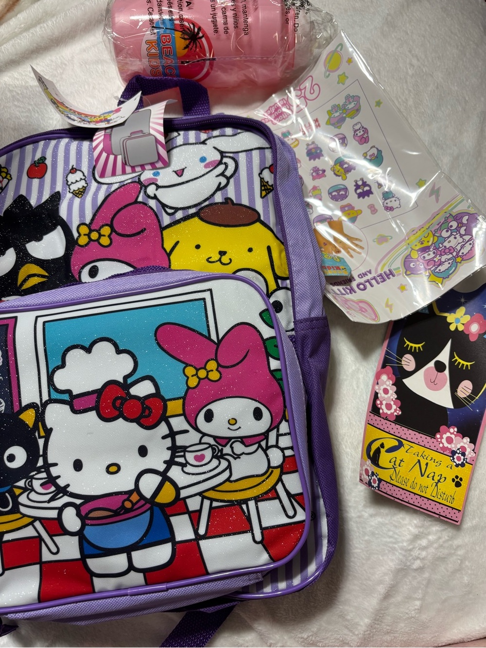 Hello Kitty & Sanrio Characters Purple Backpack with lunch bag and accessories